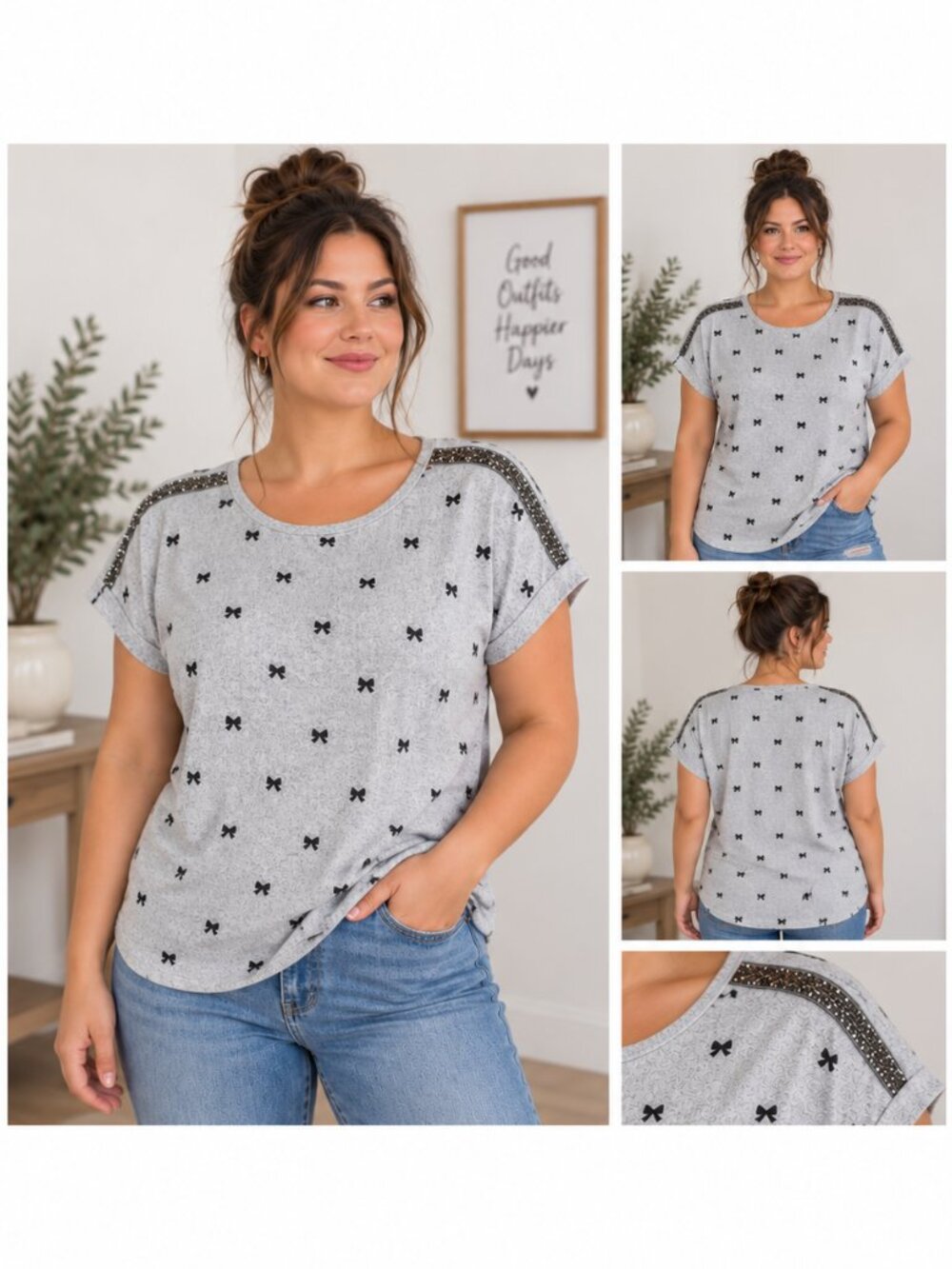 Love Scarlett Large Gray Bow Print Rhinestone Embellished Top Coquette